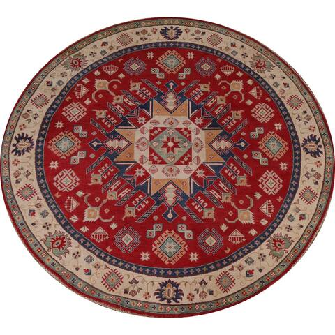 Red Traditional Geometric Kazak Oriental Wool Area Rug Hand-knotted - 8'1" x 8'0" Round