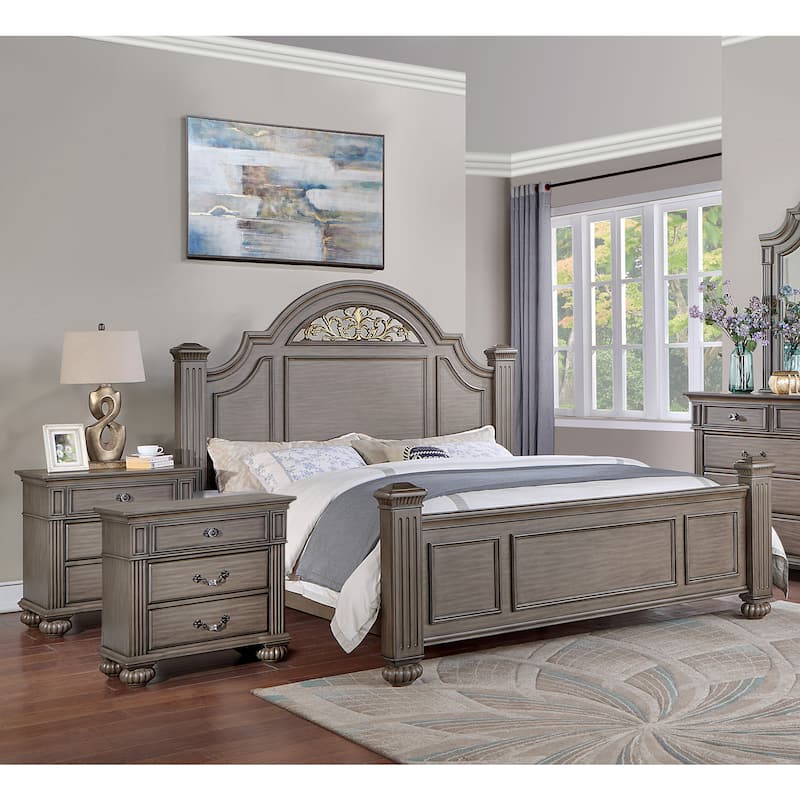 Vame 3-Piece Traditional Grey Wood Poster Bedroom Set With Two Nightstands by Furniture of America - Queen