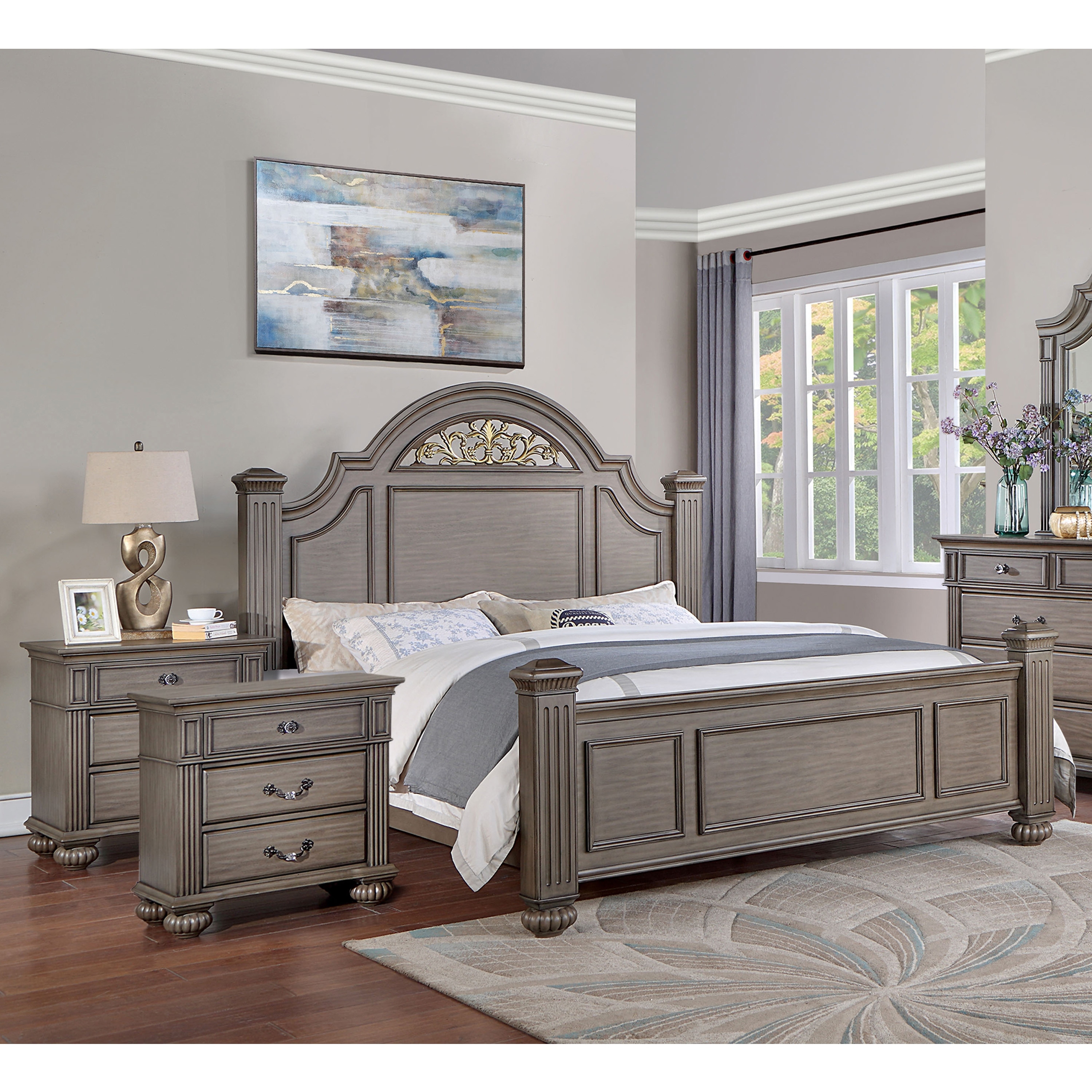 Furniture of America Vame 3-Piece Traditional Grey Wood Poster Bedroom Set With Two Nightstands