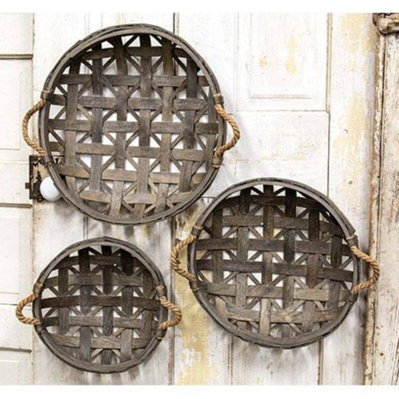 3 Piece Natural Round Woven Wood Baskets with Jute Rope Handles Farmhouse Wall Decor - Small: 12" Dia x 3.25" H