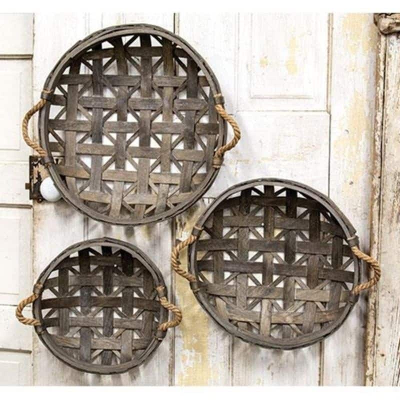 3 Piece Natural Round Woven Wood Baskets with Jute Rope Handles Farmhouse Wall Decor - Small: 12" Dia x 3.25" H