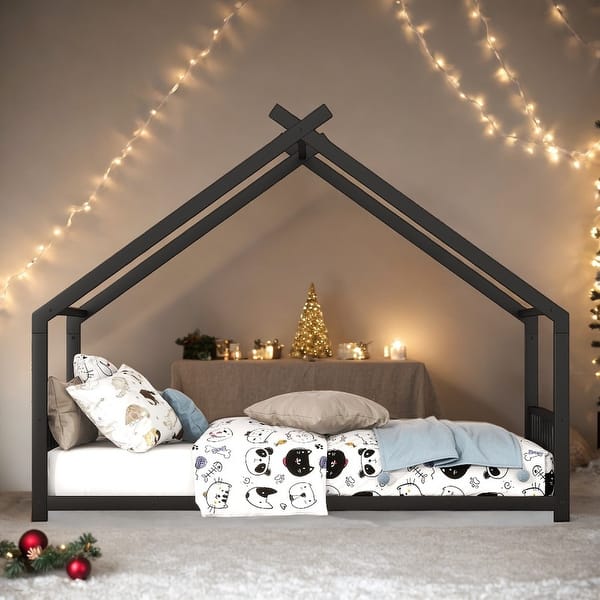 slide 2 of 10, 2 Size Metal House Bed with Metal Frame Playhouse Design for Kids Twin