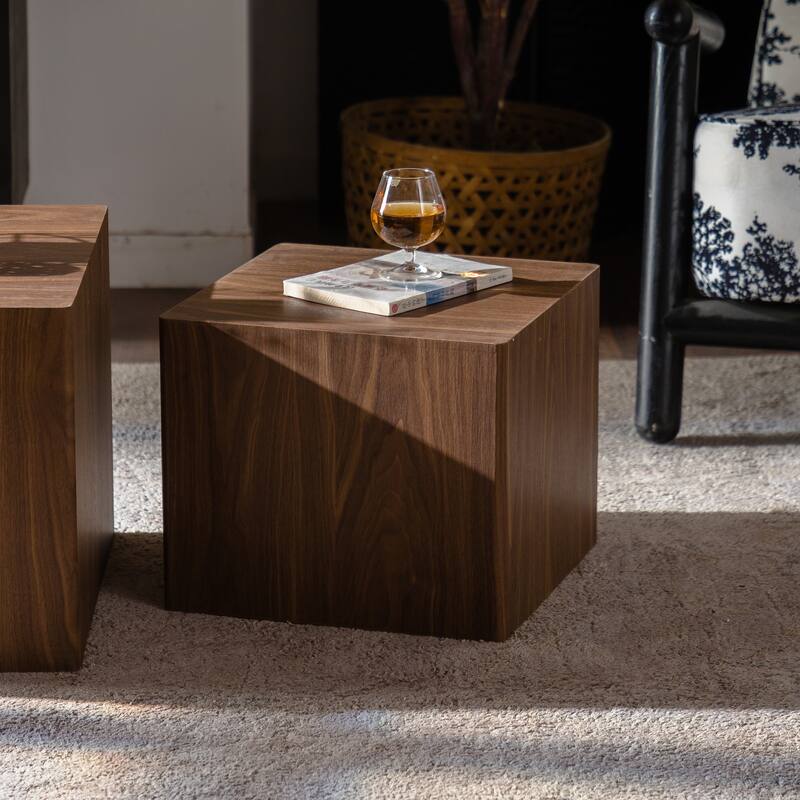MDF Modern Nesting Imitation Wood Grain Coffee Table, Cube Side Table, Set for Small Space Living Room Bedroom-Set of 2
