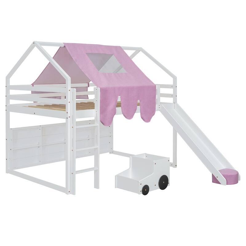 Twin/Full Size House Loft Bed with Slide and Tent, Wooden House Bed with Roof Frame, Storage Shelves & Car Shaped Storage Unit