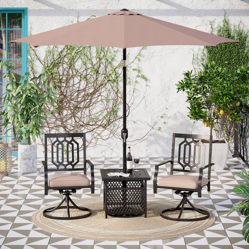 MAISON ARTS 3-piece Patio Bistro Set with 9 ft Umbrella, 2 Metal Swivel Chairs and 1 Square Table with Umbrella Hole - Beige