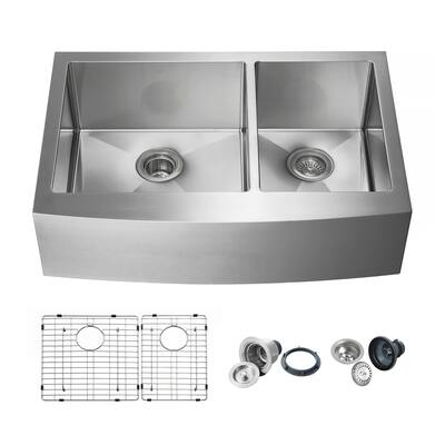 Handcrafted Farmhouse Apron Double Bowl Real 16 gauge Stainless Steel Kitchen Sink with Strainer and Grid