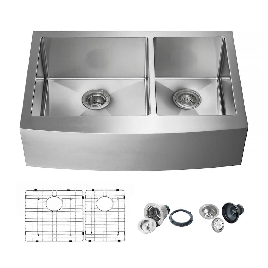 Handcrafted Farmhouse Apron Double Bowl Real 16 gauge Stainless Steel Kitchen Sink with Strainer and Grid