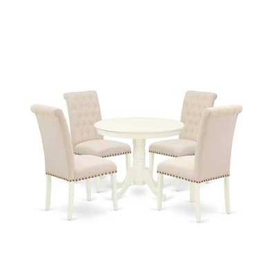 HomeStock 5-Piece Round Linen White Finish Solid Wood Top Dining Table with 4 Parson Chair with Lattice Back
