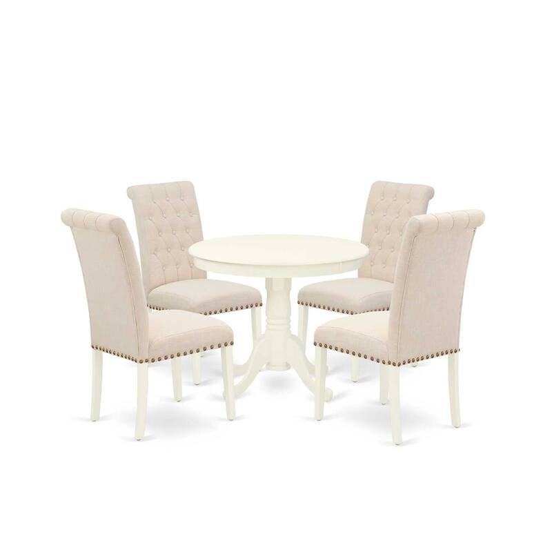 HomeStock 5-Piece Round Linen White Finish Solid Wood Top Dining Table with 4 Parson Chair with Lattice Back