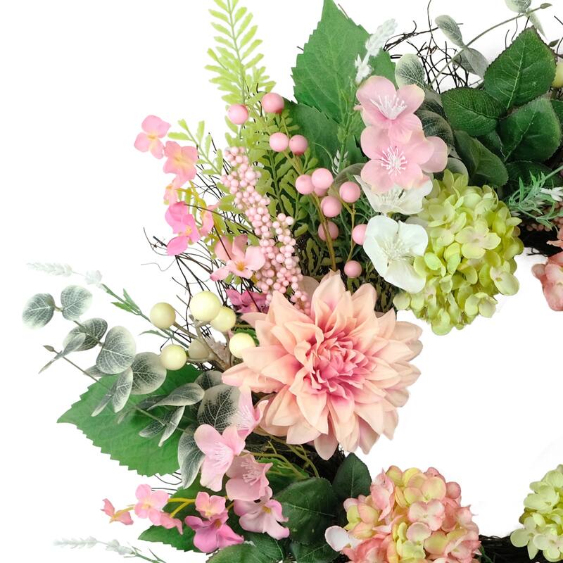 Hydrangea and Dahlia Floral Artificial Twig Spring Wreath - 26" - Pink and Green