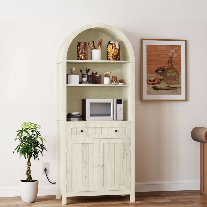 72.8" Tall Farmhouse Arched Kitchen Pantry Storage with Power Outlets and Spice Rack - White