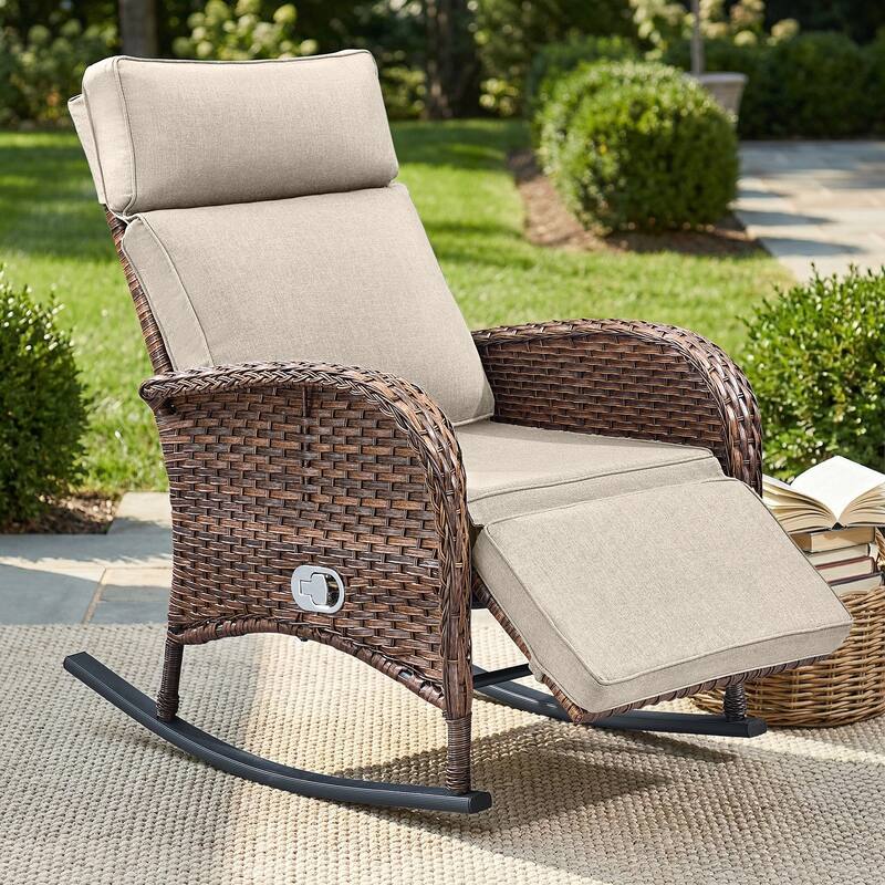 Pocassy Versatile Outdoor Recliner Rocker Chair with Side Table - Brown Wicker with Beige Cushion - 1-Piece Rocker Recliner Chair