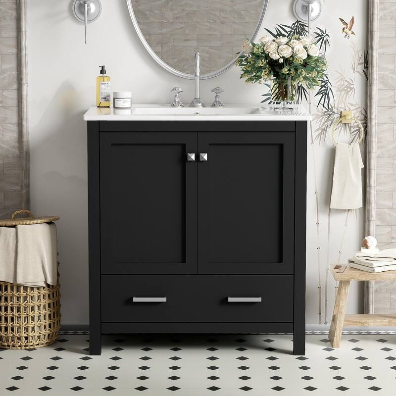 36"/30" Bathroom Vanity with Ceramic Sink, Soft-Close Doors, Double Storage Shelves & Divided Drawer - Black - 30" Width