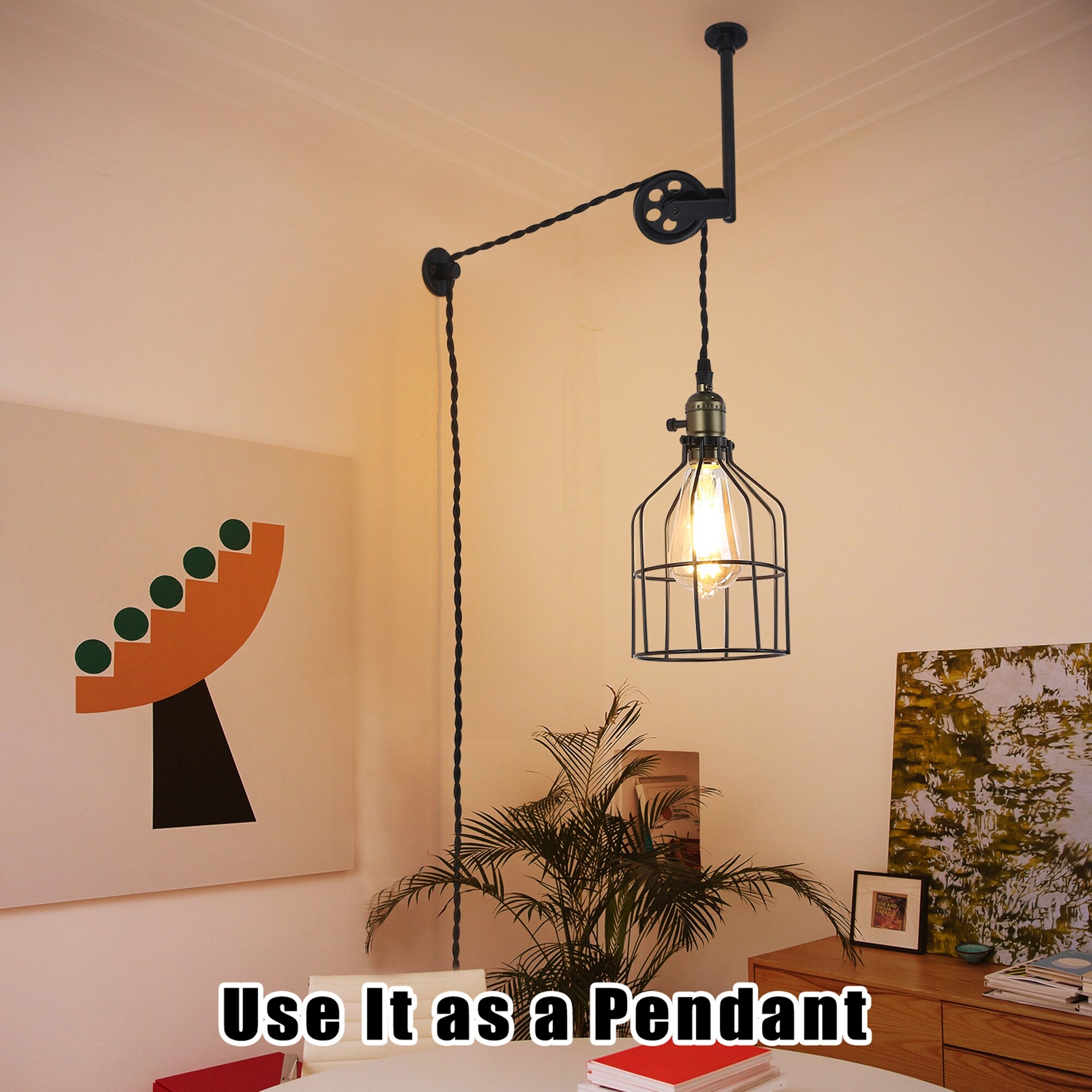 Modern Industrial Rustic Cage Wall Lamp Lift Pipe Pulley Wall Lights Fixture Retro Wall Pendent Light Plug in Cord with Wheel On Sale Bed Bath Beyond 37953246