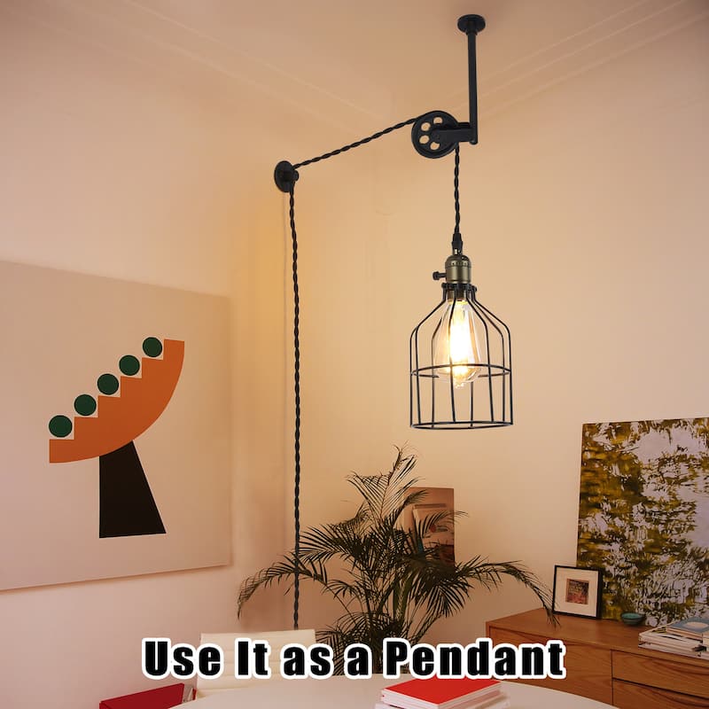 Modern Industrial Rustic Cage Wall Lamp Lift Pipe Pulley Wall Lights Fixture Retro Wall Pendent Light Plug in Cord with Wheel