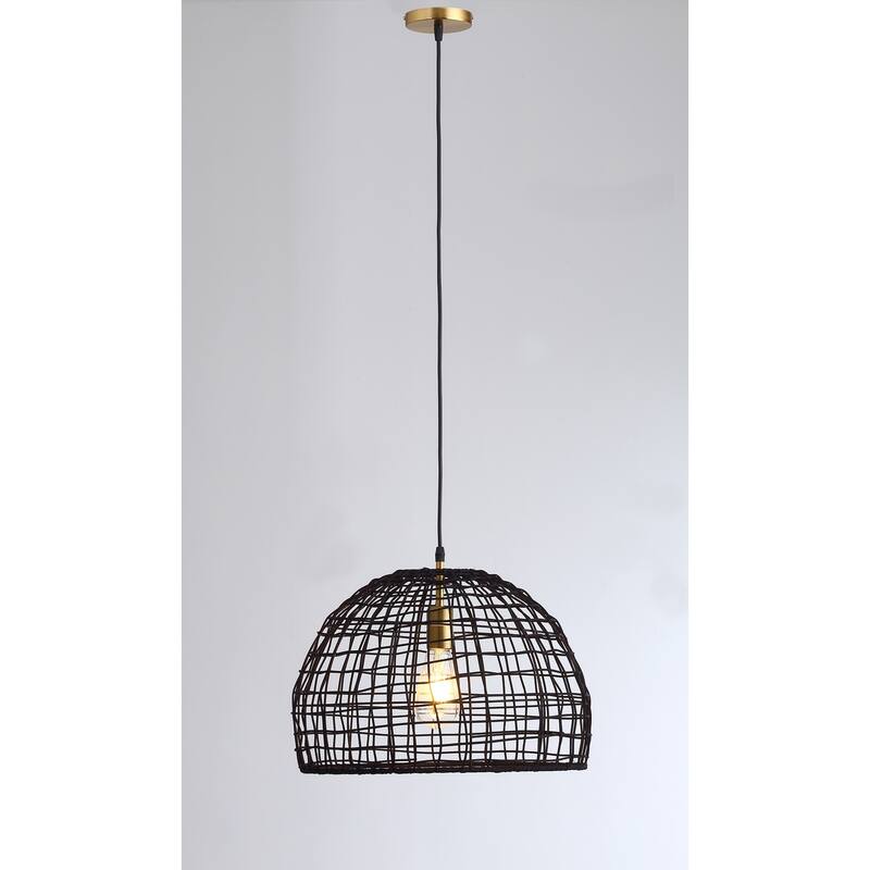Matte Black 1-Light Woven Rattan Hanging Lamp