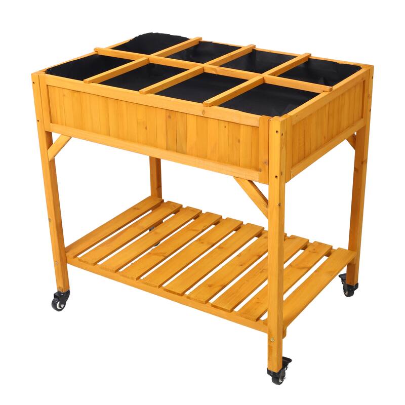 Elevated 8 Pocket Herb Garden Bed, Mobile Raised Customizable Wood Planter for Herbs, Vegetables - Brown