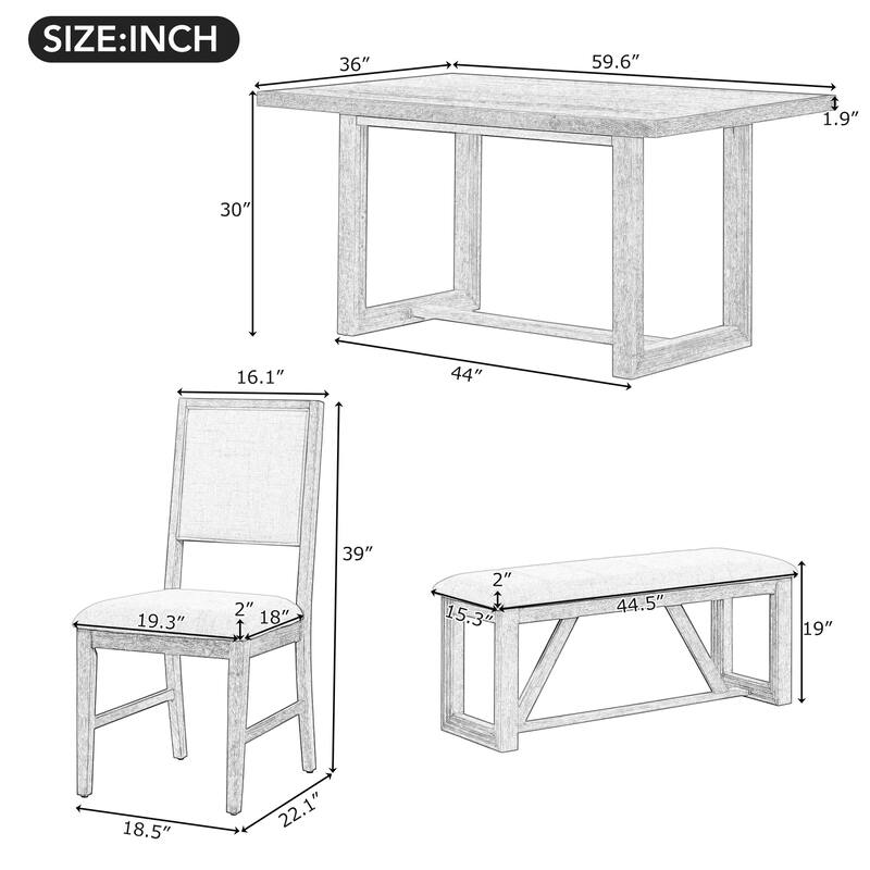 6-Piece Transitional Dining Set with Table, 4 Chairs & Bench