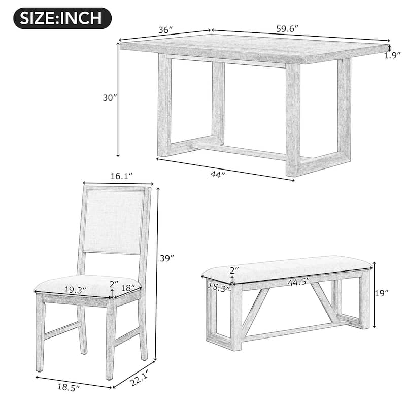 60" Wood Rectangular Kitchen Table, 6-Piece Dining Table Set with 4 Upholstered Chairs & Bench, for Kitchen & Dining Room