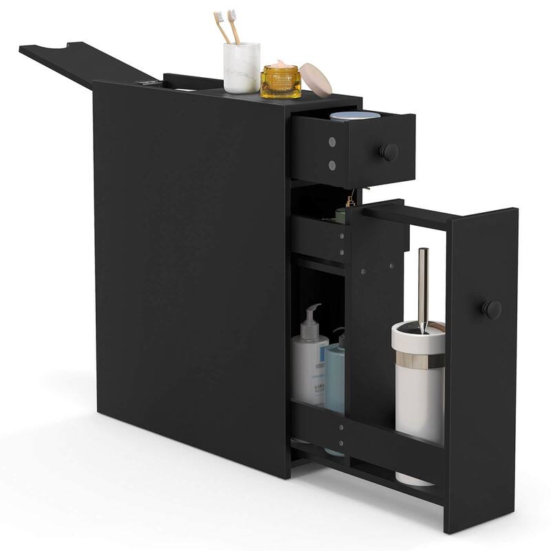 Costway Bathroom Floor Cabinet Toilet Narrow Storage Organizer with - See Details - Black - See Details