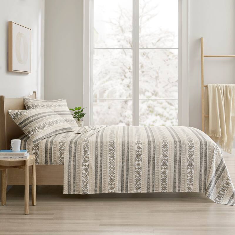 Madison Park Cozy Cotton Flannel Printed Sheet Set - Twin - Gray/Taupe Nordic