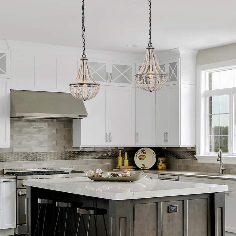 Farmhouse 1-Light Wood Beads Mini Chandelier Boho Pendant Light for Kitchen Island - Dia. 10" x H 15"