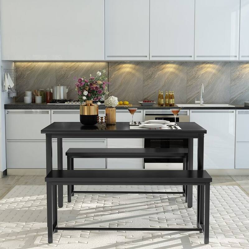Eureka Industrial 3-piece Dining Set, Modern Kitchen Dining Table with Two Benches for Home, Kitchen, Dining Room, Bar