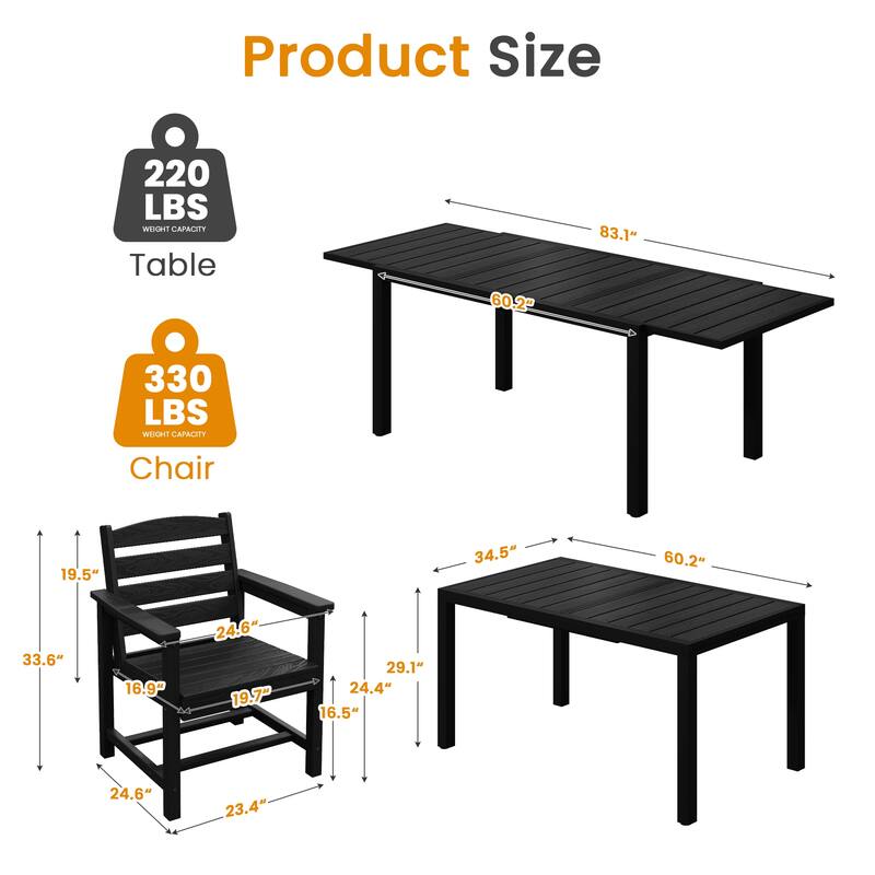 5-Piece HDPE Outdoor Extendable Dining Set with 4 Chairs – All-Weather Patio Furniture - N/A