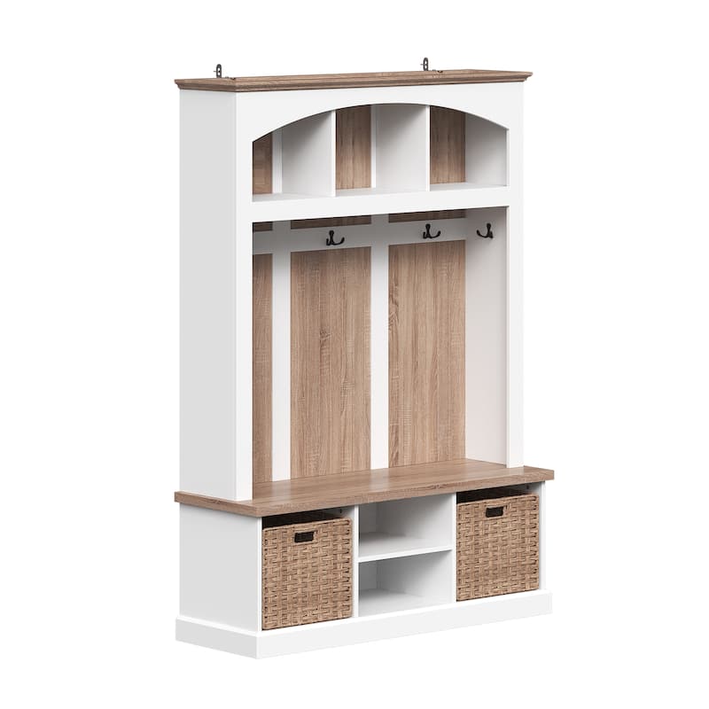 Entryway Hall Tree with Shoe Bench and 2 Rattan Baskets, Mudroom Storage Organizer