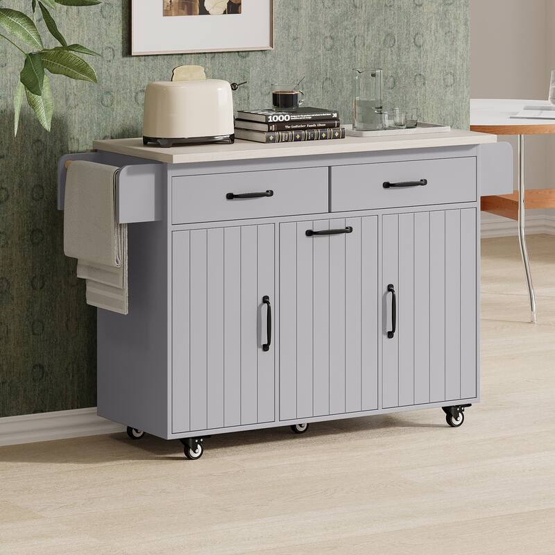 Kitchen Island with Trash Can Storage, Drop Leaf, Spice Rack, Towel Rack, Rolling Cart