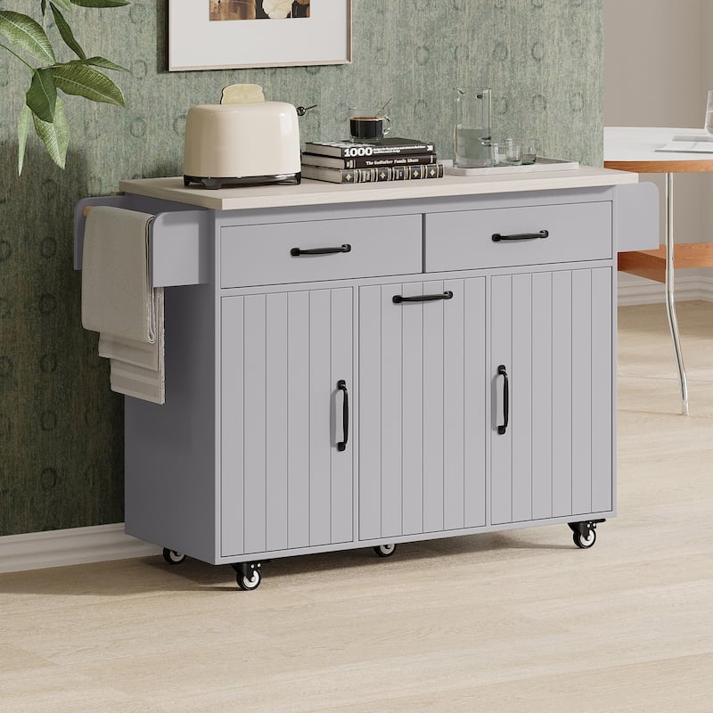 Rolling Kitchen Island with Trash Can Storage Cabinet, Kitchen Cart with Drop Leaf, Spice Rack, Towel Rack and Drawer
