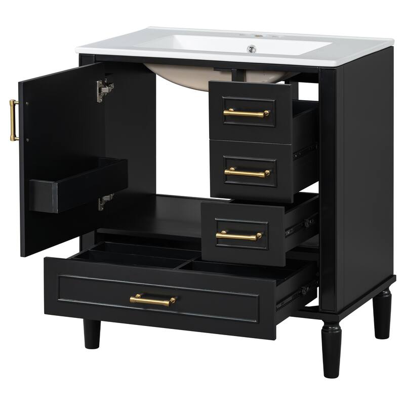Solid Wood Bathroom Vanity with Ceramic Sink, Bathroom Storage Cabinet with 3 Drawers, Soft Close Doors & Built-in Shelf
