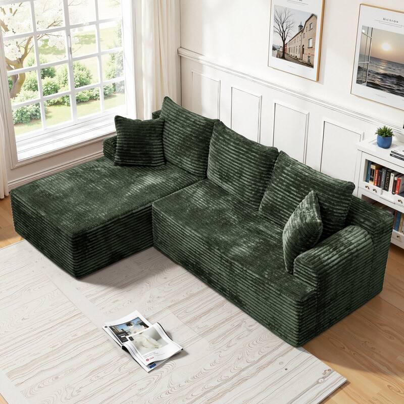 95.2" Modern L-Shaped Corduroy Sectional Sofa, No Assembly Reqired - Green - Right Facing