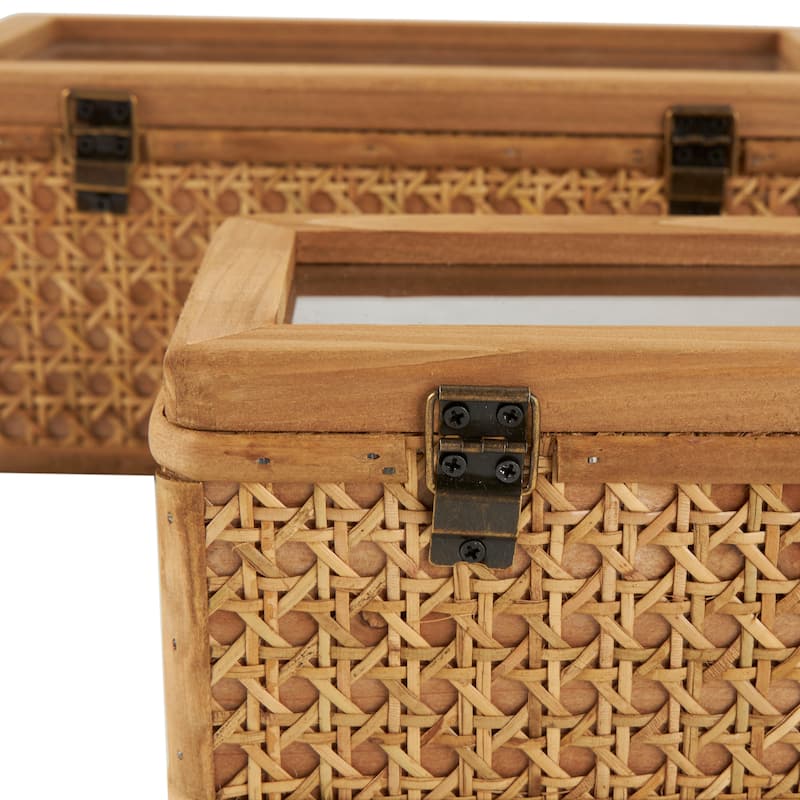 Brown Rattan Handmade Woven Rattan Decorative Box with Glass Tops and Bronze Latches (Set of 2)
