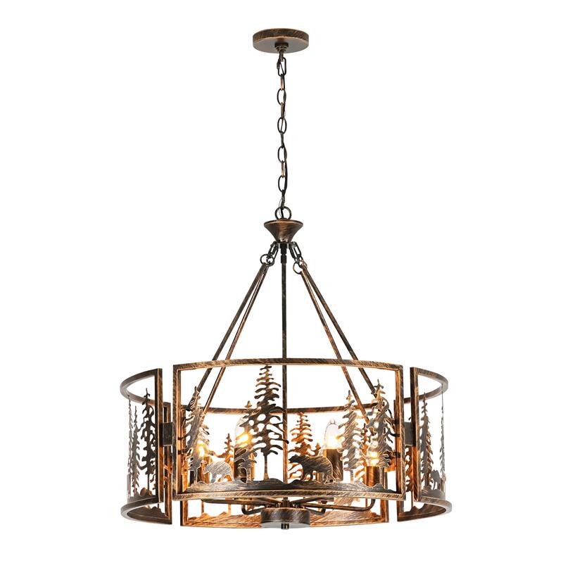 6-Light Black & Gold Iron Chandelier with Adjustable Chain for Rustic Lodge Spaces - 26 in. W x 26.4 in. H