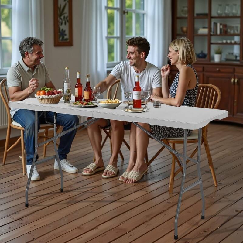 6ft White HDPE Folding Portable Camping Table with Carbon Steel Legs for 4-6 Person for Picnic or BBQ