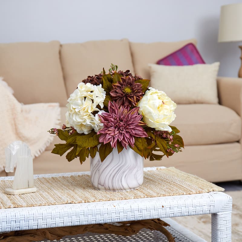 15" Peony, Hydrangea and Dahlia Arrangement in Marble Finished Vase
