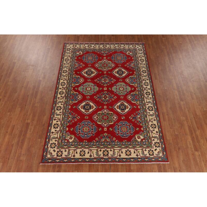 Geometric Red Kazak Area Rug Living Room Hand-Knotted Wool Carpet - 6'8" x 10'3"