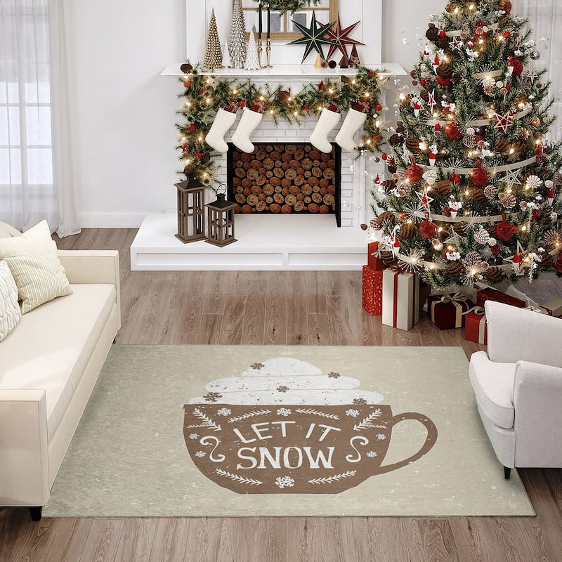 Indoor/ Outdoor Cozy Winter Brown Washable Let is Snow Rug