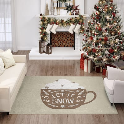 Indoor/ Outdoor Cozy Winter Brown Washable Let is Snow Rug