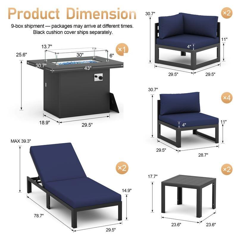 11-Piece Luxury Aluminum Outdoor Furniture Set with Chaise Lounge & Fire Pit Table, 29" Deep Seating Aluminum Patio Sectional