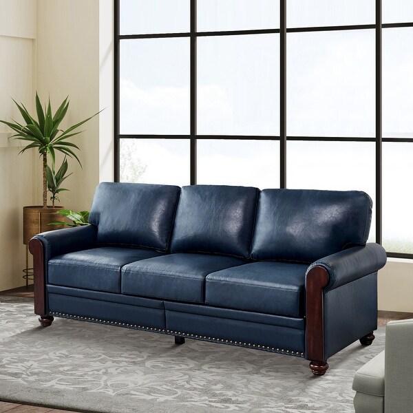 Devota Transitional Leather Solid Wood Sofa With Nailhead Trim