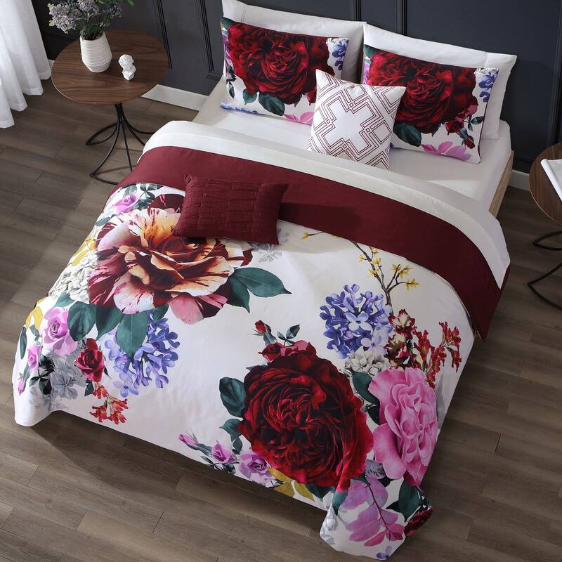 Bebejan Magenta Floral 100% Cotton 5 Piece Reversible Comforter Set