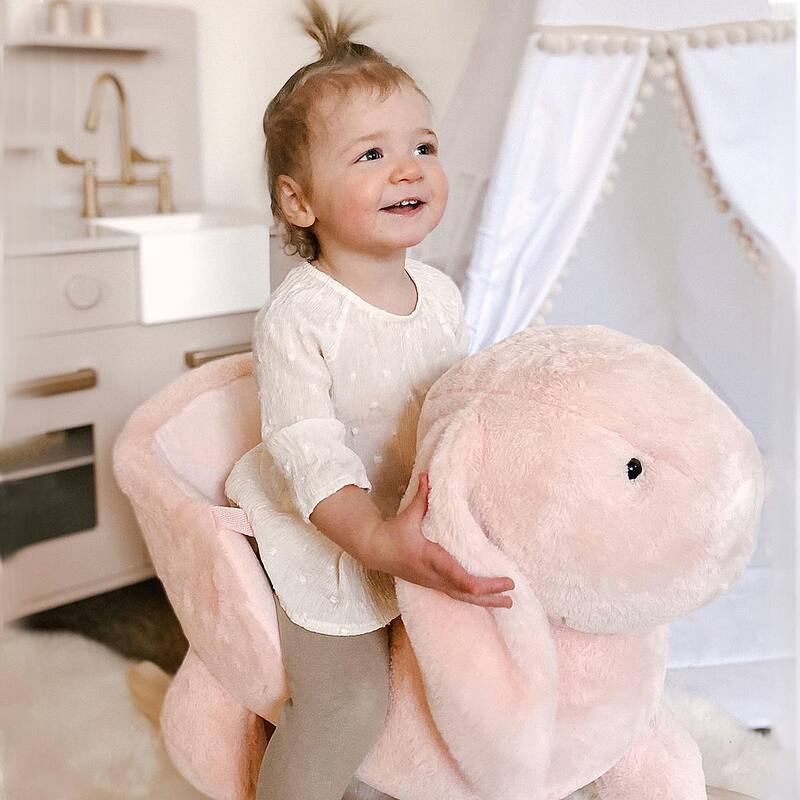 Plush Bunny Rabbit Rocking Horse with Sounds, Safety Seatbelt, and High Back - Baby Rocker for Toddlers 18-36 Months