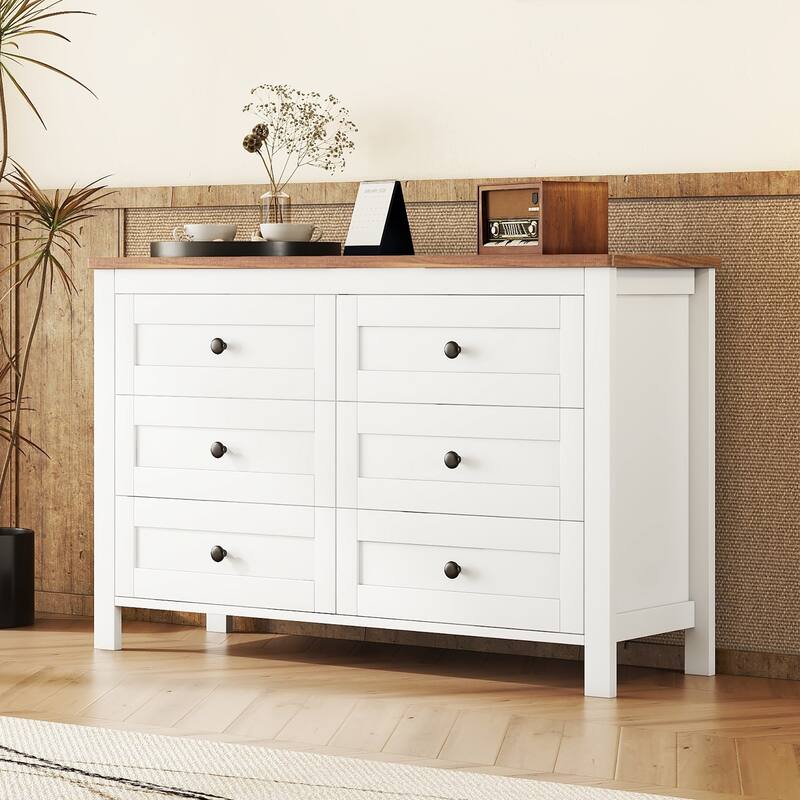 Retro Farmhouse Style Wooden Dresser with 6 Drawers, Storage Cabinet for Bedroom