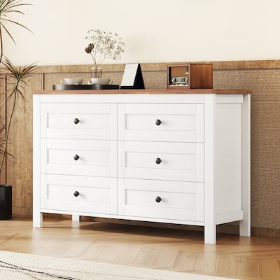 Vintage Farmhouse Style Dresser Stylish Dressing Bedroom Storage Cabinet with 6 Drawers, for Bedroom, White + Brown