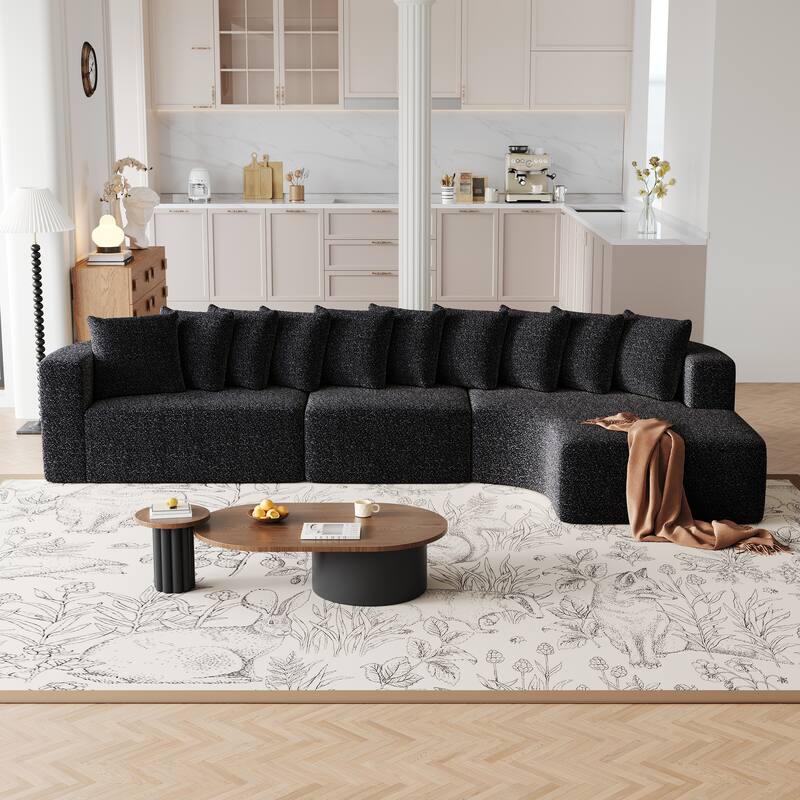 Living Room Chenille Corner Couch Curved Sectional Sofa with Chaise and 10 Pillows, Floor Standing Modular Compressed Sofa