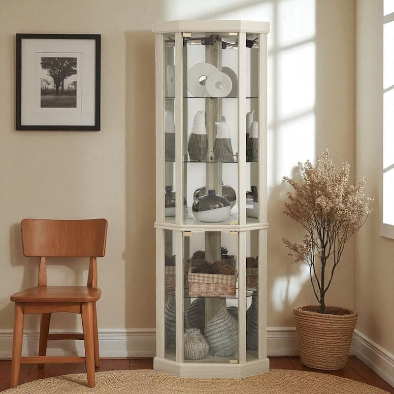 Lighted Corner Curio Cabinet with Glass Doors, Adjustable Shelves & Mirrored Back, Elegant Display Case for Wine - White