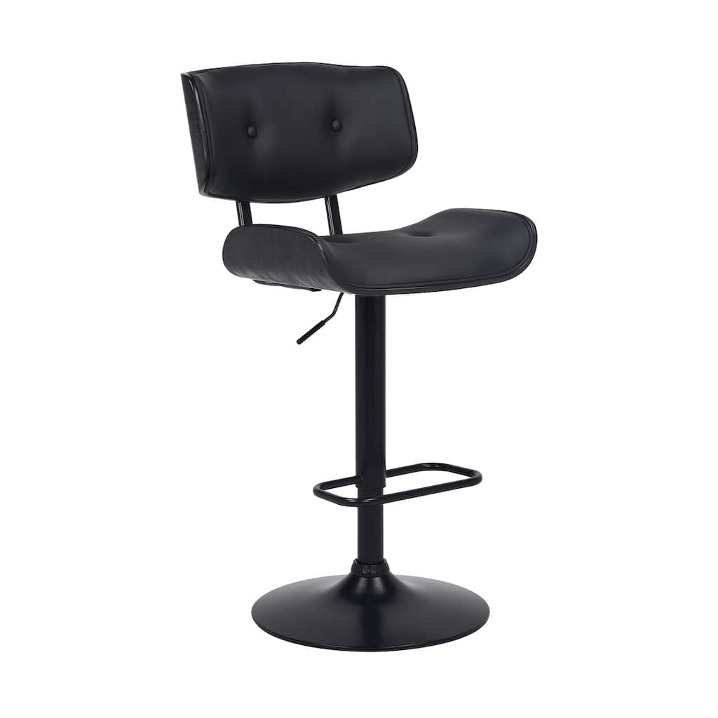 Adjustable Black Tufted Faux Leather and Black Wood Swivel Barstool. - 46" x 20" x 22"