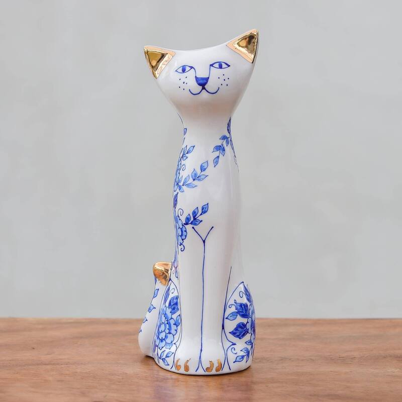Novica Handmade Sweet Floral Cat Benjarong Porcelain Statuette